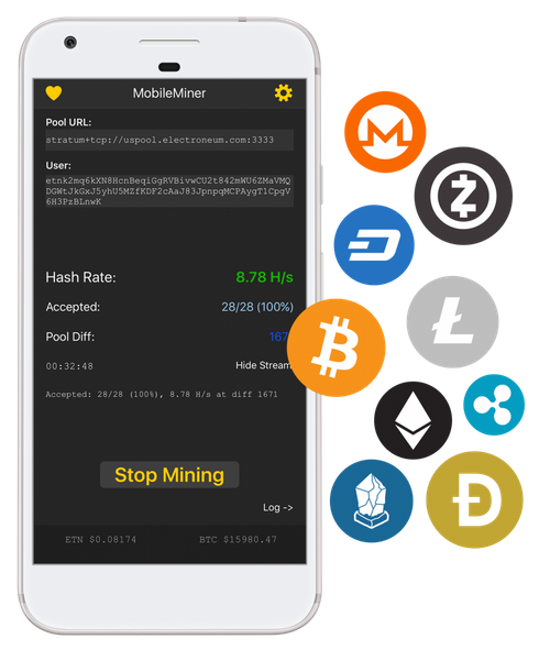 A smartphone running Mobile Miner alongside icons of different cryptocurrencies