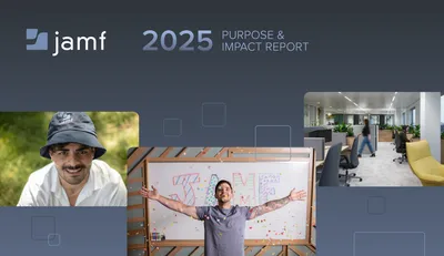 The cover of the Jamf 2025 Purpose & Impact Report, featuring the Jamf logo and three photos showcasing their people and office culture.