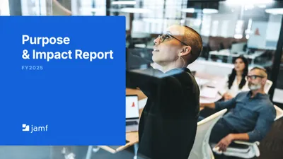 Jamf FY2025 Purpose & Impact Report cover with woman presenting to colleagues in modern office