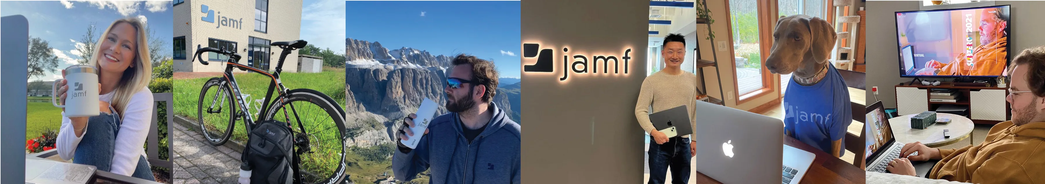 Collage of diverse individuals in various settings, all featuring Jamf branding on items like mugs, buildings, laptops and clothing.