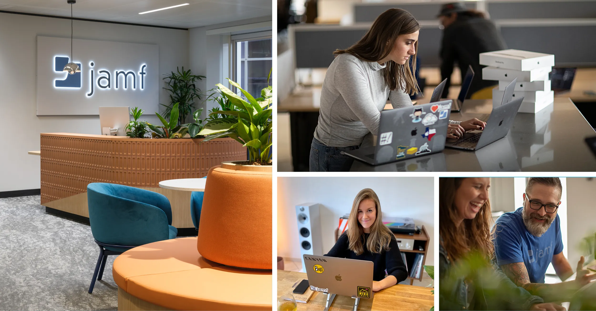 Office interior with a Jamf logo and three scenes of people working on Apple devices, all managed by Jamf.