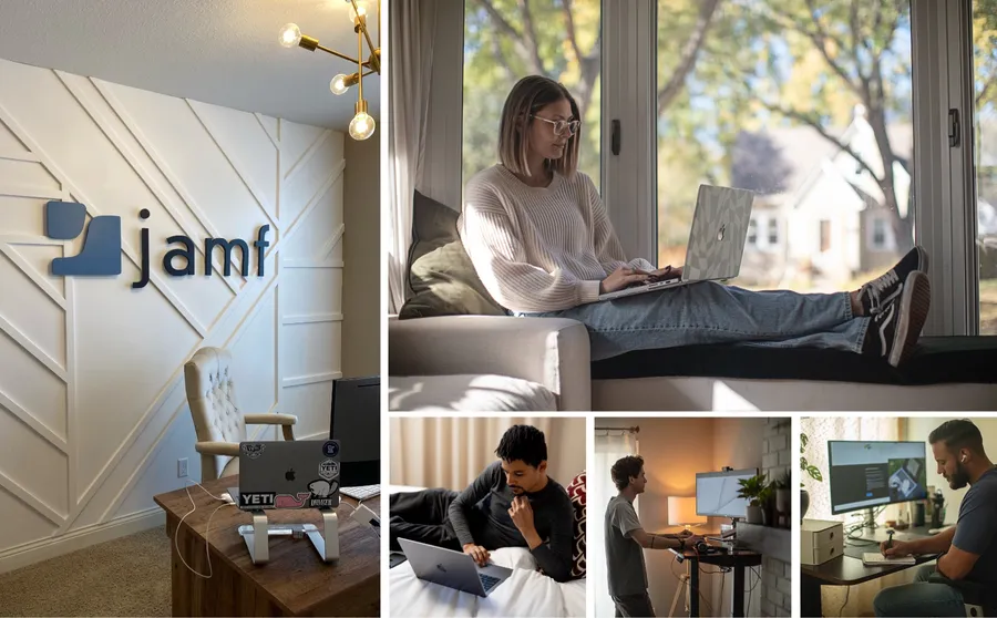 Four images depicting different work environments. One shows a home office with a