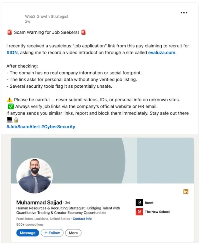 LinkedIn post with text mentioning a recruitment scam, highlighting suspicious behavior and showing a fake recruiter's LinkedIn profile