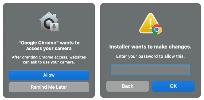 Two Chrome-style prompts, one asking for access to the camera and one requesting a password