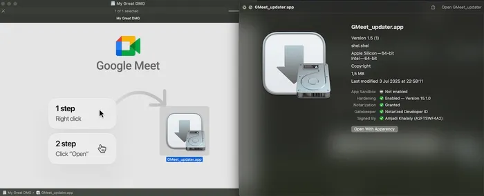 Infostealer mimicking Google Meet app installation
