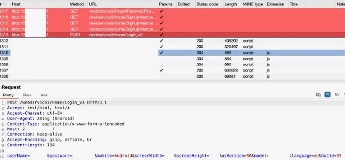 Log showing the legacy MiCare HealthTech Holdings app transmitting user data over HTTP in plain text
