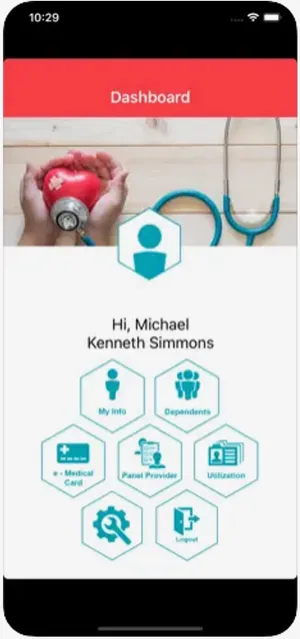 Medical app interface with sections that include data like a medical card, panel provider, dependents and more