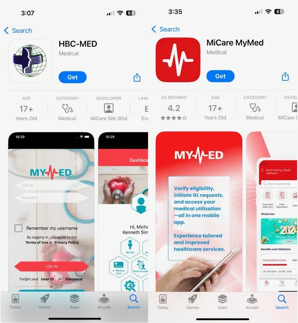 MiCare HealthTech Holdings app listings in the App Store, with the legacy, leaky app shown on the left and the new one on the right