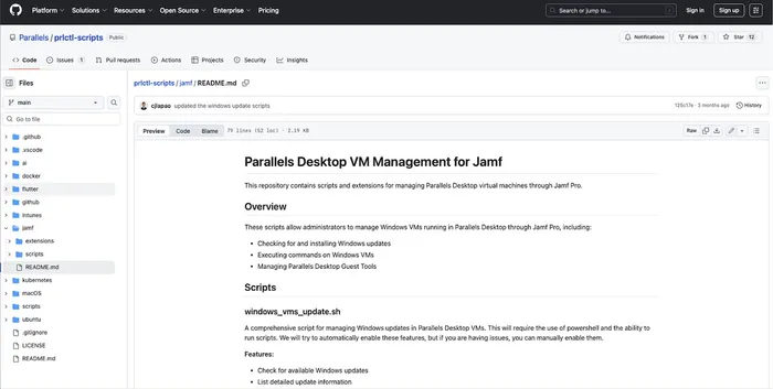 GitHub repository with scripts and extensions for managing Parallels Desktop VMs through Jamf Pro