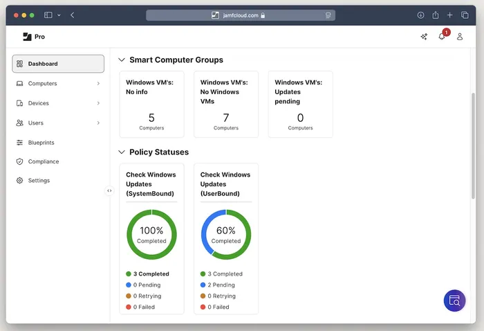 A Jamf Pro dashboard listing smart groups. The three groups contain computers that have Windows VMs, don't have Windows VMs, and require updates, respectively. Policy statuses are also shown.