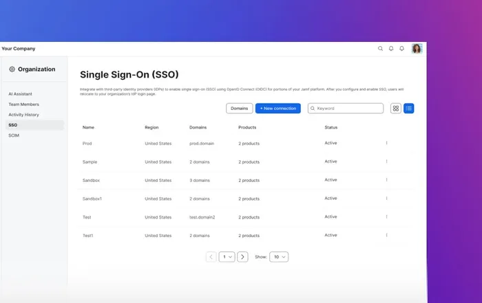 SSO settings in Jamf with the option to create a new connection and view current connections