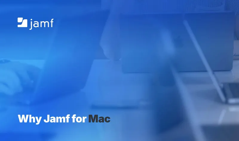 A blue-tinted, out-of-focus background image showing people working on several Mac laptops in an office setting. The Jamf logo is in the top left corner in white, and the headline