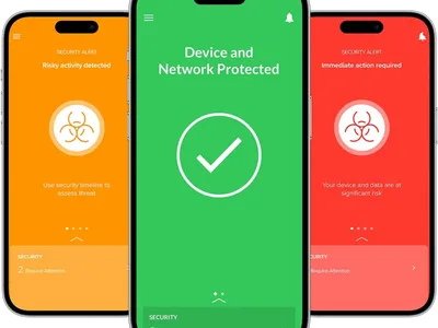3 iPhones, one showing 'Device and Network Protected'; one showing risky activity; the last one showing immediate action required.