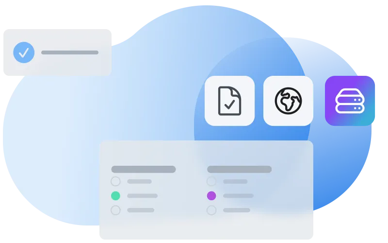 Graphic of data location showing 3 icons and a menu with a blue background.