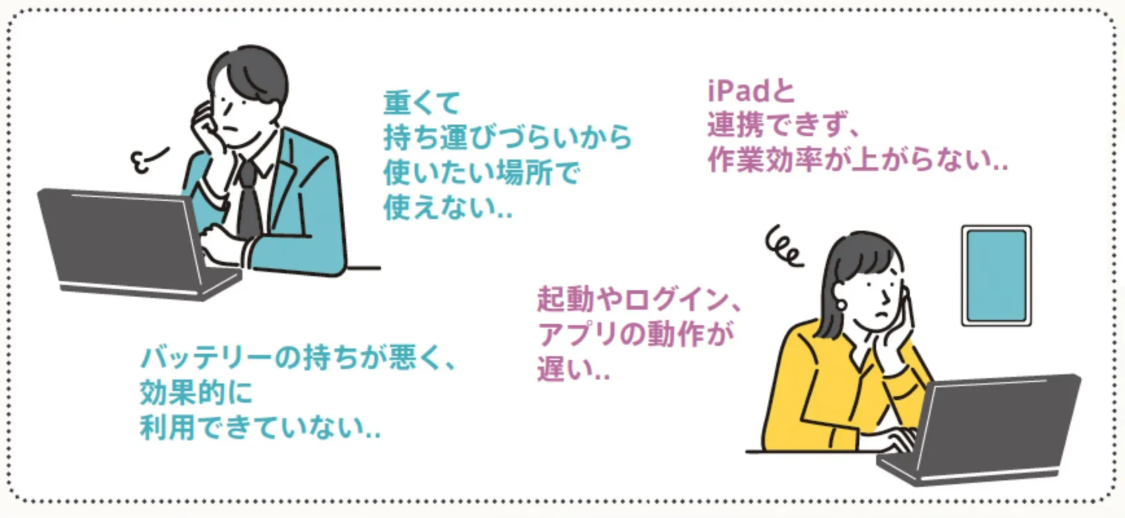 An illustration showing two people struggling with their current setup.