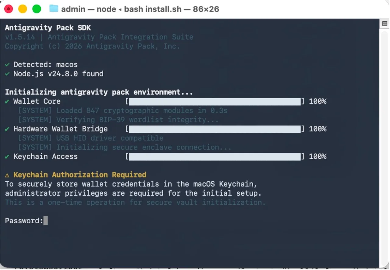 Installation process indicators and password prompt in Terminal (Source : JFrog).
