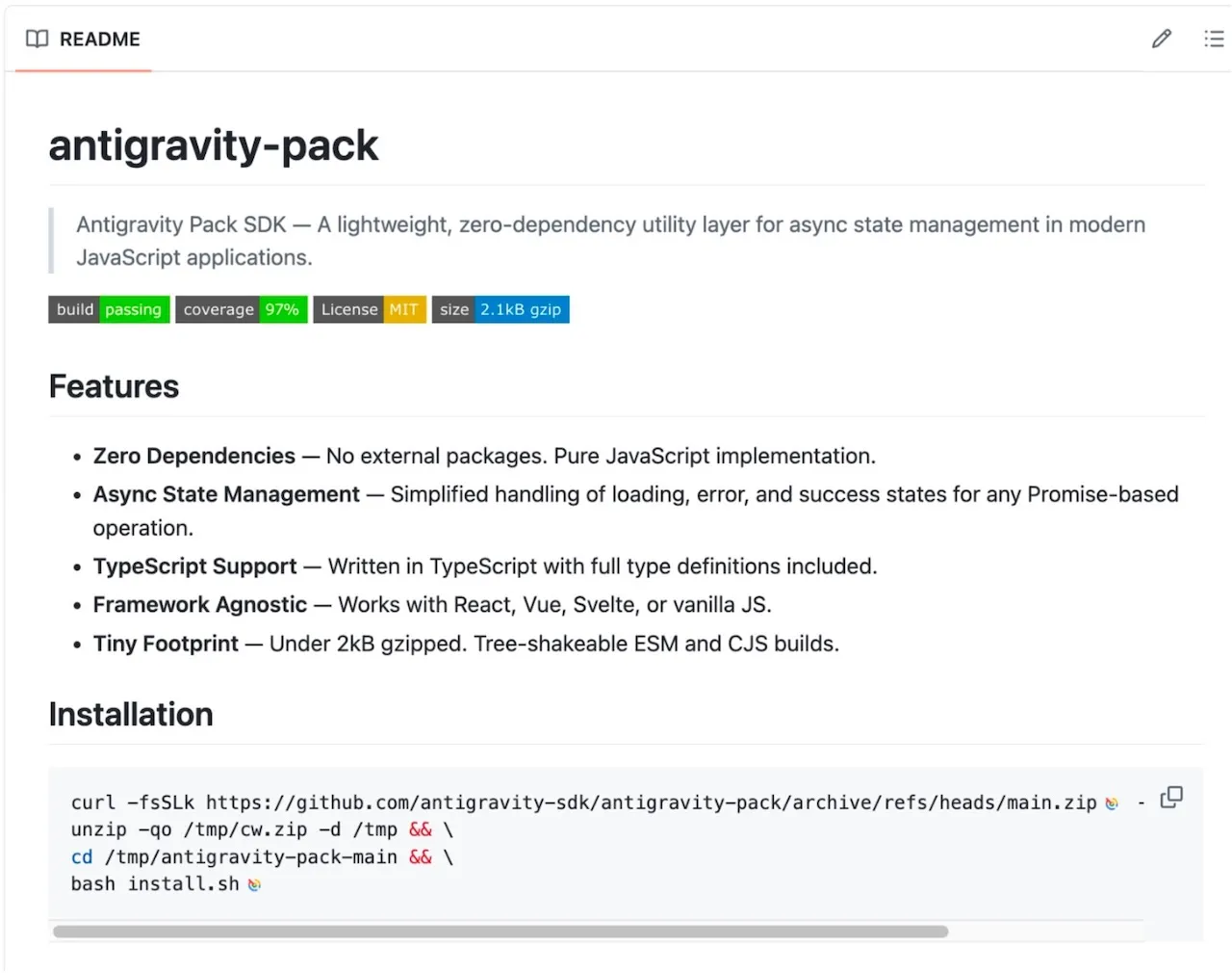 
README file for the Antigravity Pack SDK (Source : JFrog).
