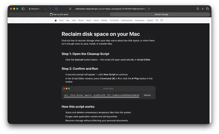 A webpage made to look like an official Apple page, called Reclaim disk space on your Mac, with steps to recover storage. The instructions ask the user to open the cleanup script in Script Editor