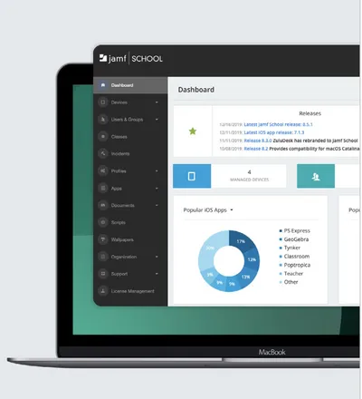 The Jamf School administrative interface showing the main dashboard, side navigation menu, and app usage data.