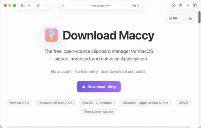 Malicious website for downloading app impersonating Maccy