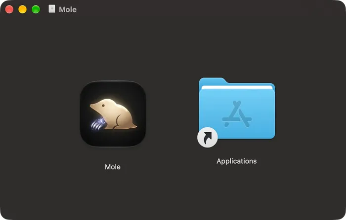 Window with the Mole app icon next to an Applications folder shortcut