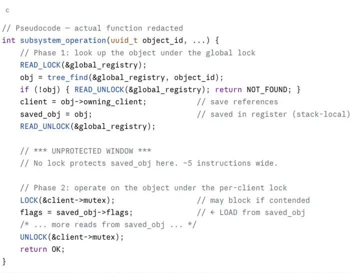 Pseudocode of vulnerable function. Phase 1 looks up the object under the global lock; Phase 2 operates on the object under the per-client lock.