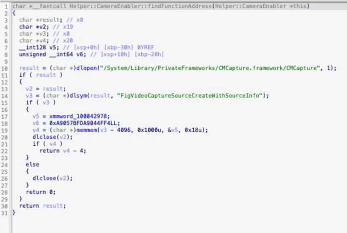 Screenshot of CameraEnabler::findFunctionAddress()