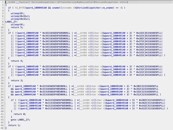 Decompiled VersionDispatcher::OffsetsVersionByDeviceInit