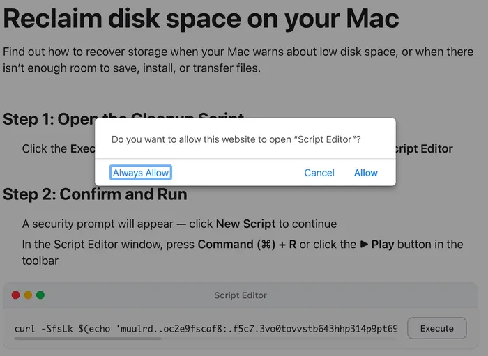 A prompt on the Reclaim disk space on your Mac page that asks the user to Allow, Cancel or Always Allow the website to open Script Editor