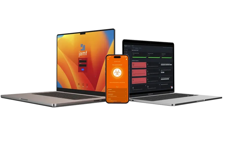 Image of a Macbook pro showing login, another Macbook pro showing Jamf Protect, and an iPhone showing a security alert.