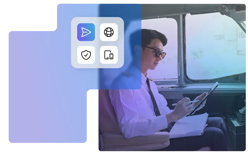 A pilot in uniform uses a stylus on a tablet in a cockpit, next to a overlay containing network connection, security, sharing, and device sync icons.