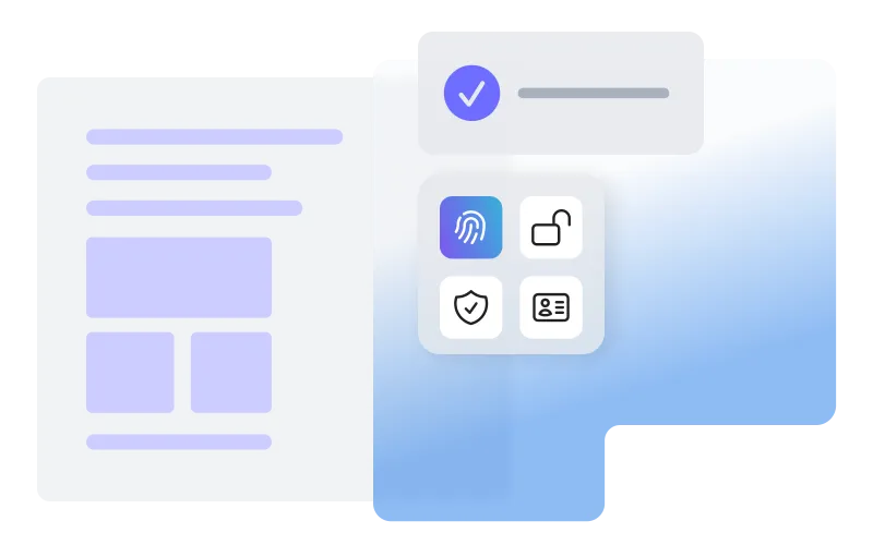 A sleek UI card showing a document with placeholder text, a checkmark for successful verification, and an icon grid containing fingerprint, unlock, security shield, and user profile symbols.