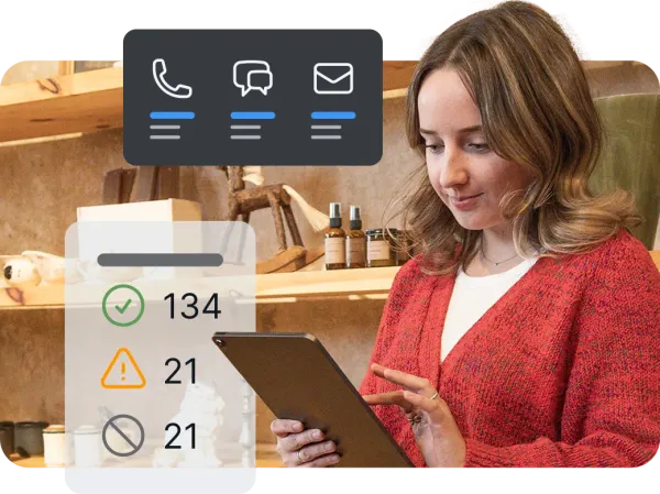 A woman with light brown hair interacts with a tablet displaying communication icons and status notifications. The data presented (134, 21, 21 with check, exclamation, and blocked symbols) is part of a mobile device management overview by Jamf.