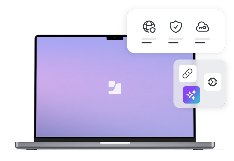 Flat illustration of a laptop with floating web security, link, settings, and cloud icons.