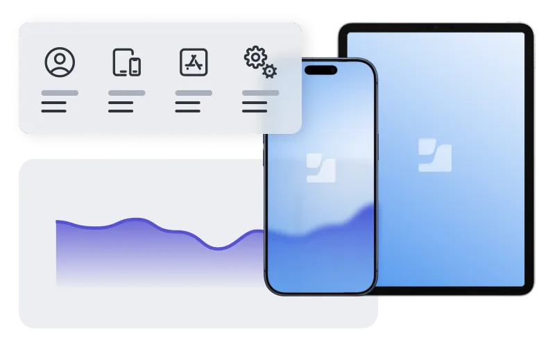 Flat illustration of a phone and tablet showing data visualization and system icons.