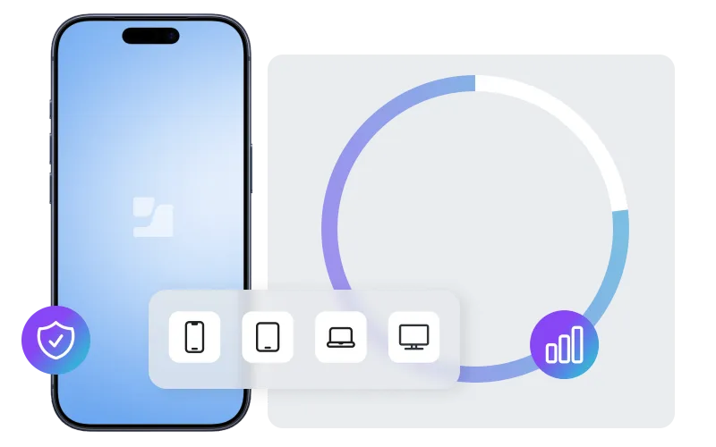 A mobile app interface displaying security status and cross-device connectivity analytics.