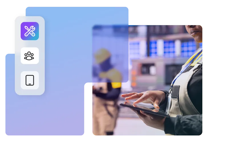 A plant manager uses a tablet in a factory setting, accompanied by a floating menu with maintenance, workforce, and device icons.