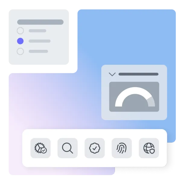 Flat illustration of software UI elements for security check, biometric login, and performance gauge.