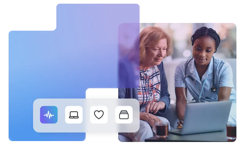 A healthcare provider conducting a virtual consultation with an elderly patient via a laptop, with a floating icon menu below for heart rate monitoring, data, and settings.