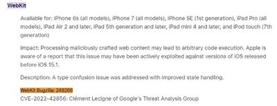 WebKit bugzilla report containing the scope, impact, and description of the vulnerability, which can allow for code execution on older Apple mobile devices.