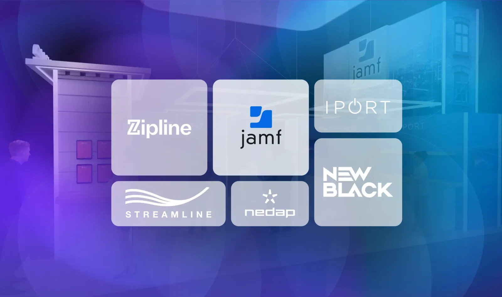 Image of iOS Avenue booth showing logos of Jamf, Zipline, iPort, New Black, Nedap, and Streamline.