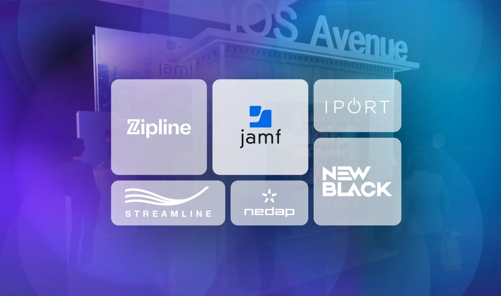 Image showing a background of the iOS Avenue booth with logos from Jamf, Zipline, iPort, New Black, Nedap and Streamline.