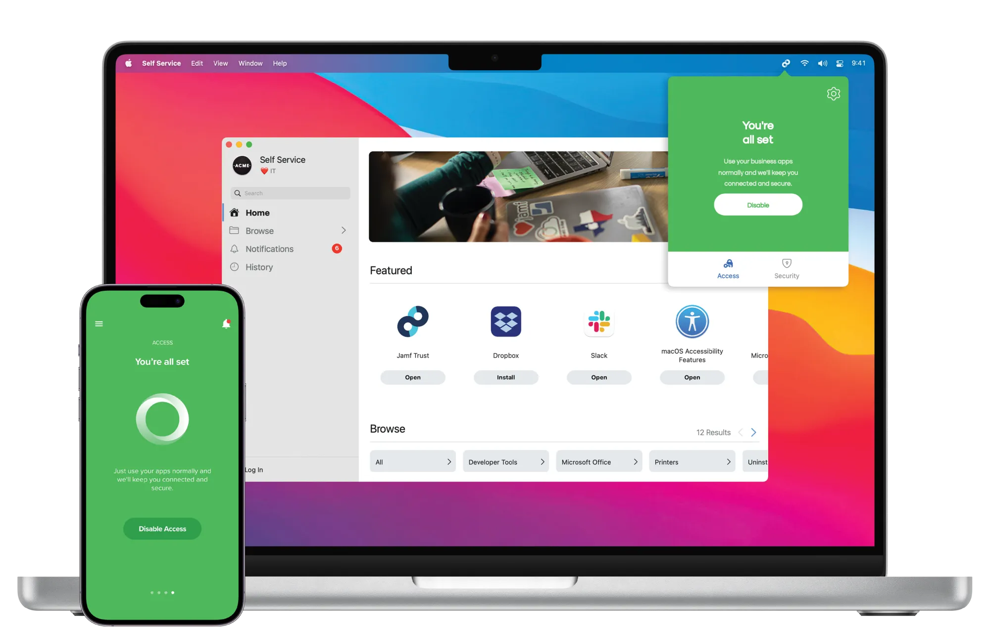 A mac and iPhone showing Jamf Trust enabled and depicting trusted access.