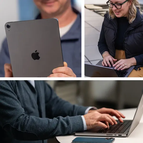 A collage of three images depicts individuals working on an iPad and MacBooks utilizing Jamf for Apple ecosystem management.