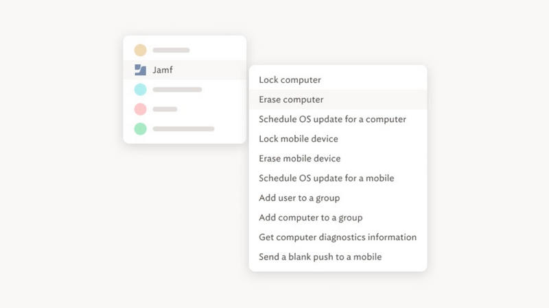 atSpoke control panel shows Jamf integration options list, including:
