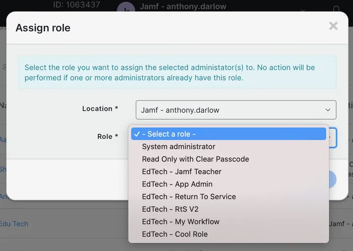 List of locations and roles for a user, including app admin, return to service and more